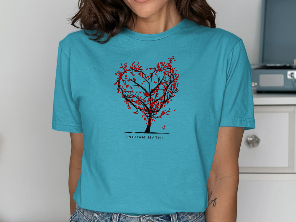 Artistic Tree Heart Graphic Blue T-shirt