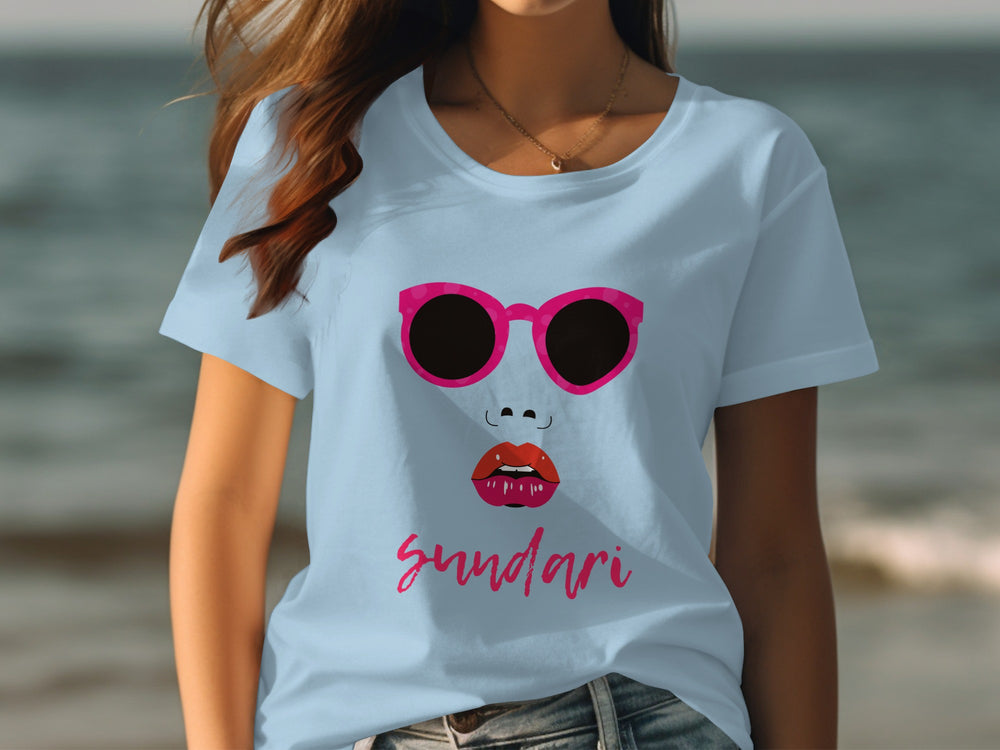 Sundari Graphic Tee with Pink Sunglasses Design