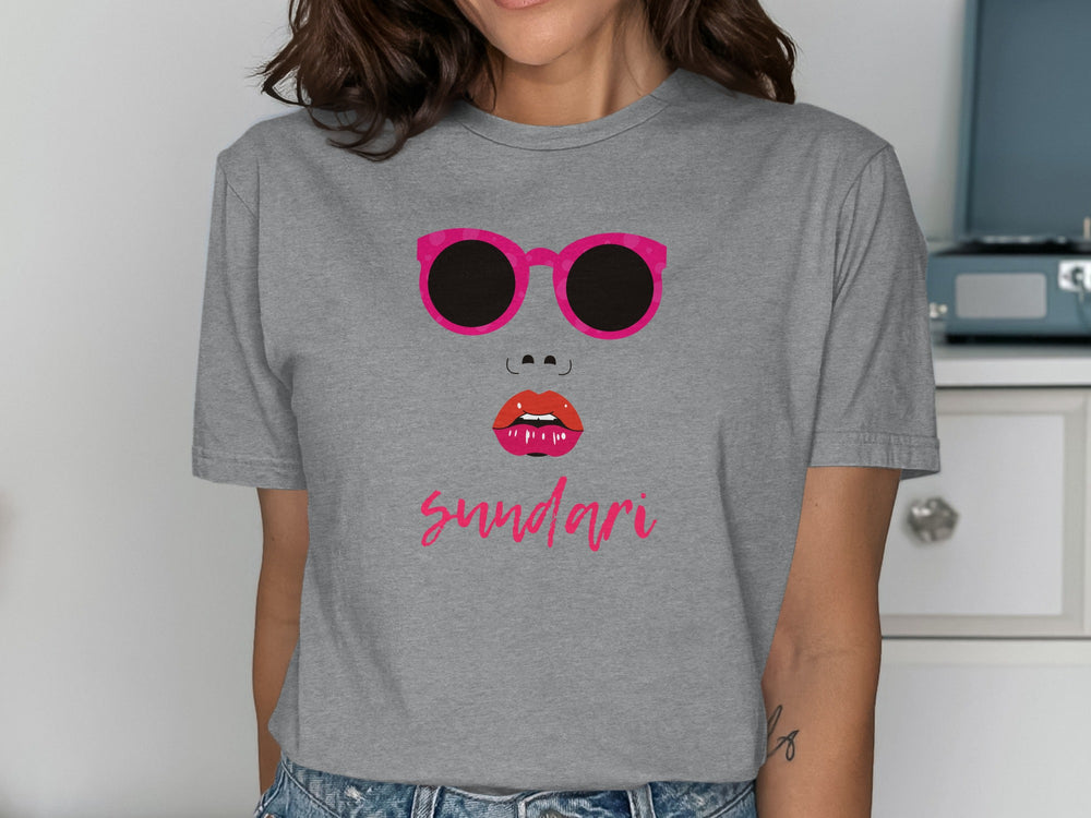 Trendy Gray Tee with Sunglasses and Red Lips Design