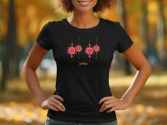 Stylish Black Tee with Vibrant Floral Art Design