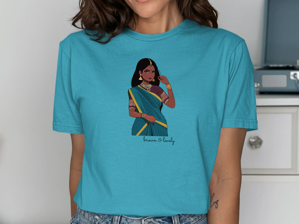 Blue T-shirt with Traditional Indian Woman Illustration T-shirt