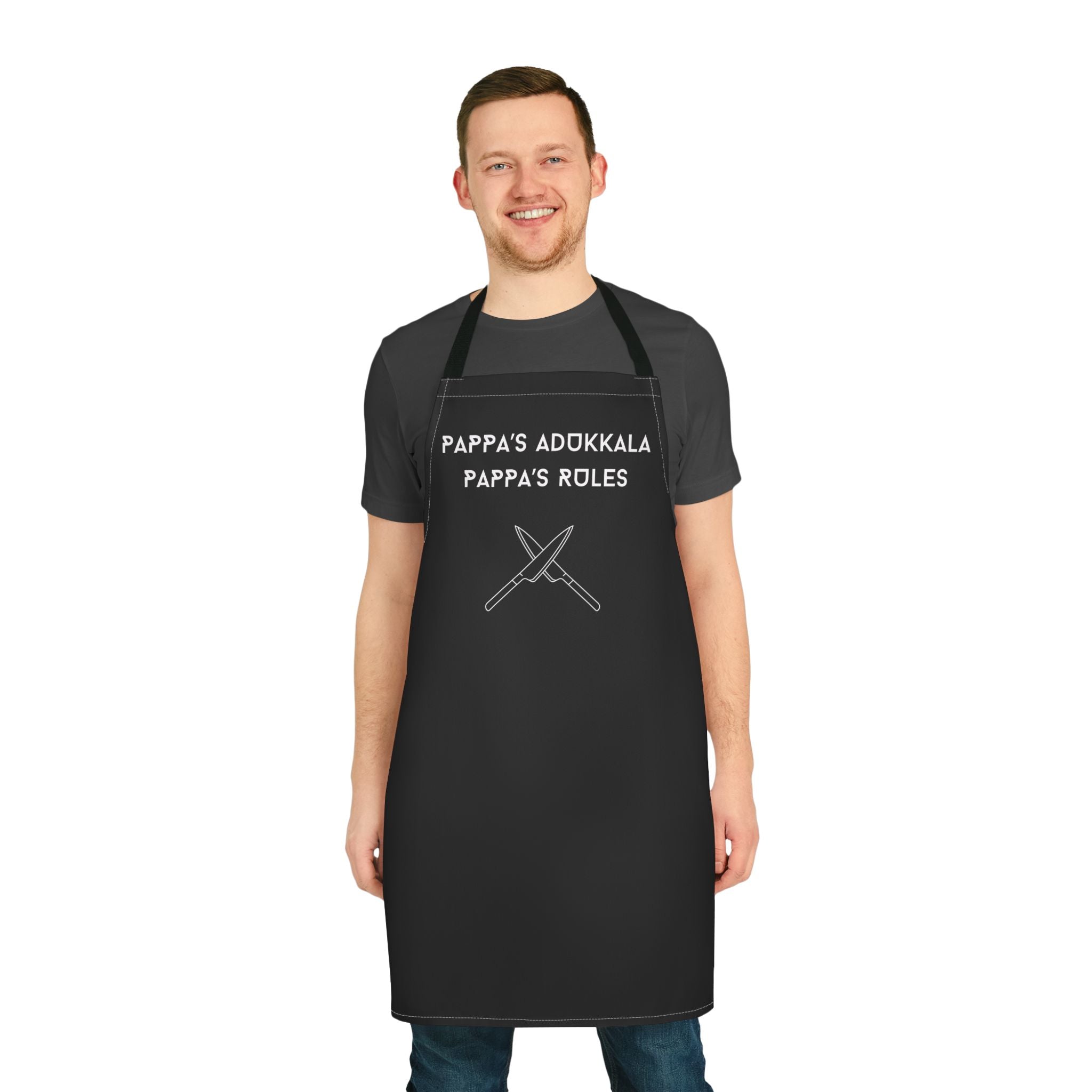 Cooking Apron — "Pappa's Adokkala / Pappa's Roles" Chef Apron with Knives Graphic