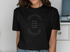 Unique black shirt with chic text and graphic design