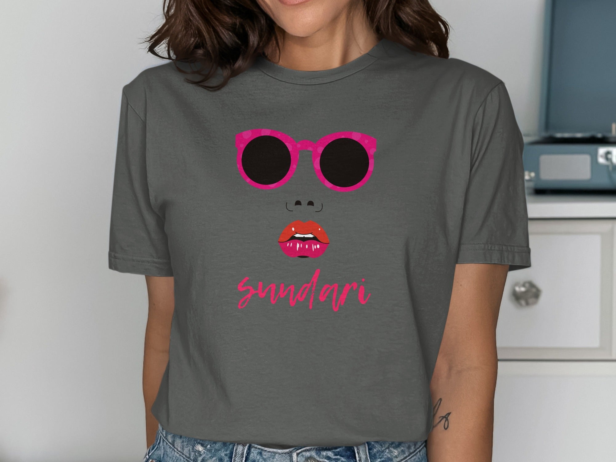 Sundari Graphic Tee with Sunglasses Face Print