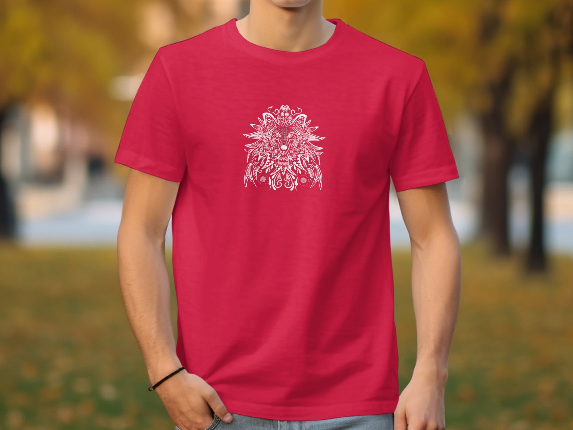 Bold red shirt with intricate white floral lion design
