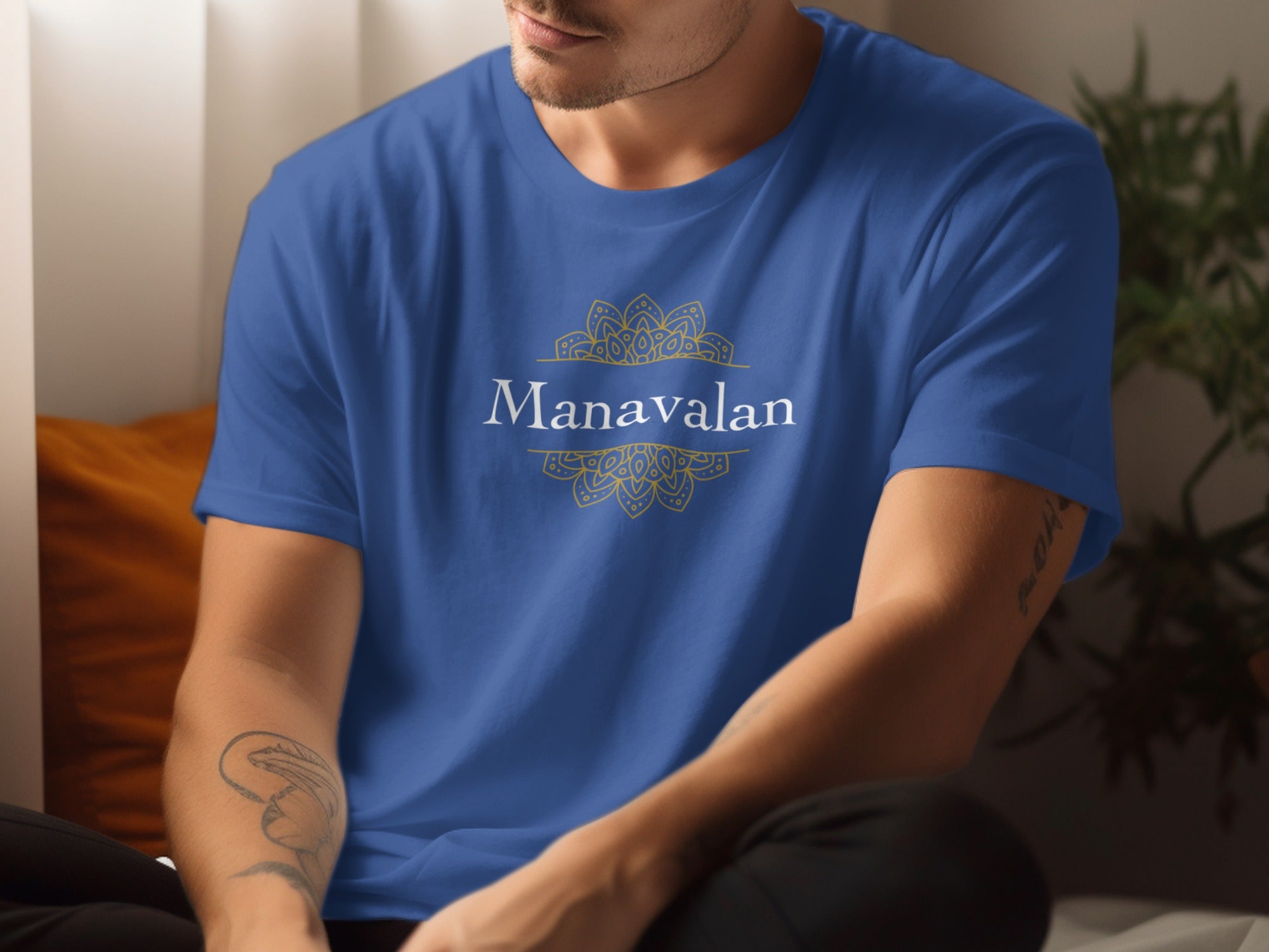 Manavalan design on blue casual relaxed fit shirt