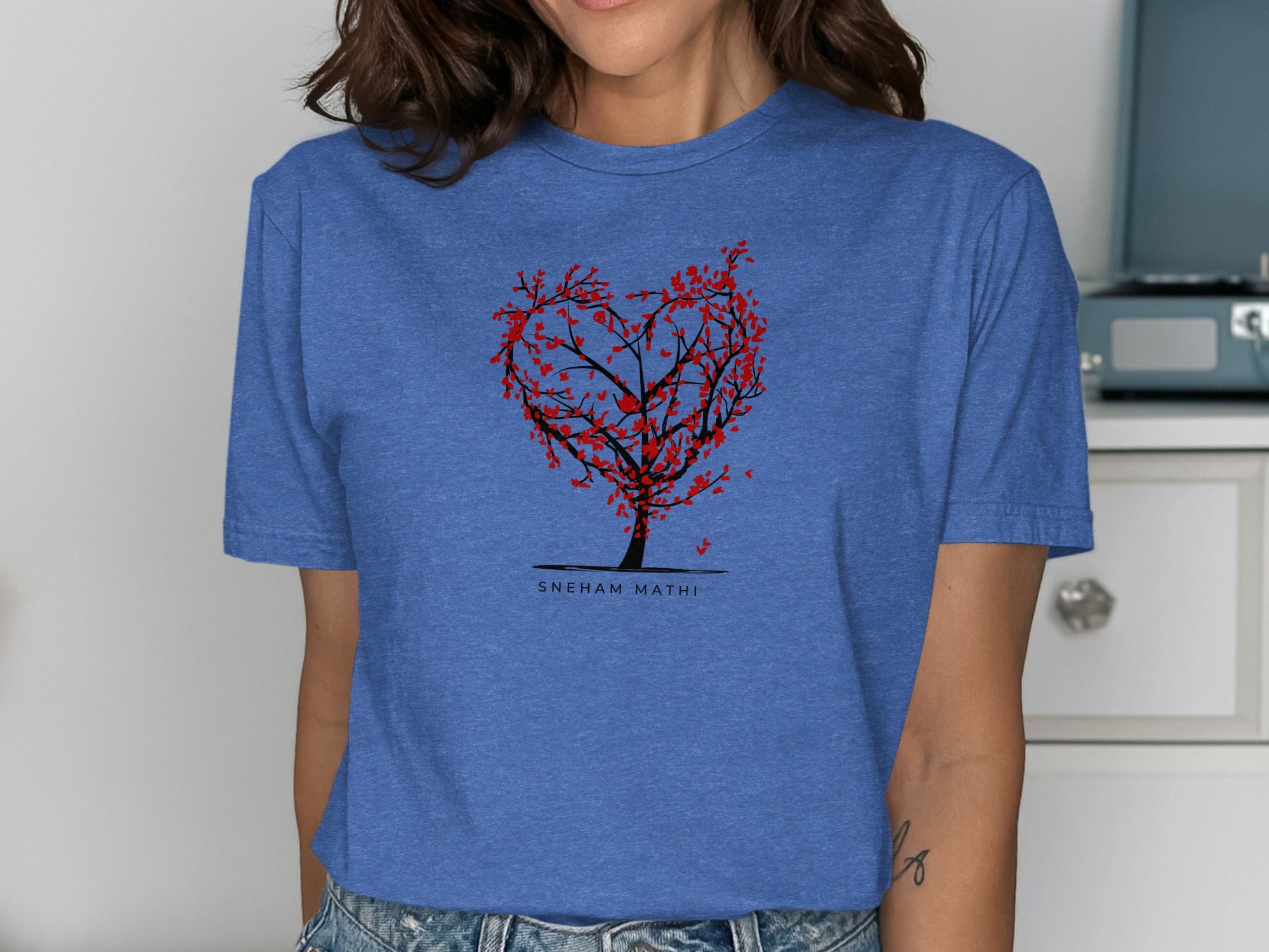 Beautiful Red Heart Tree Design on Blue Shirt