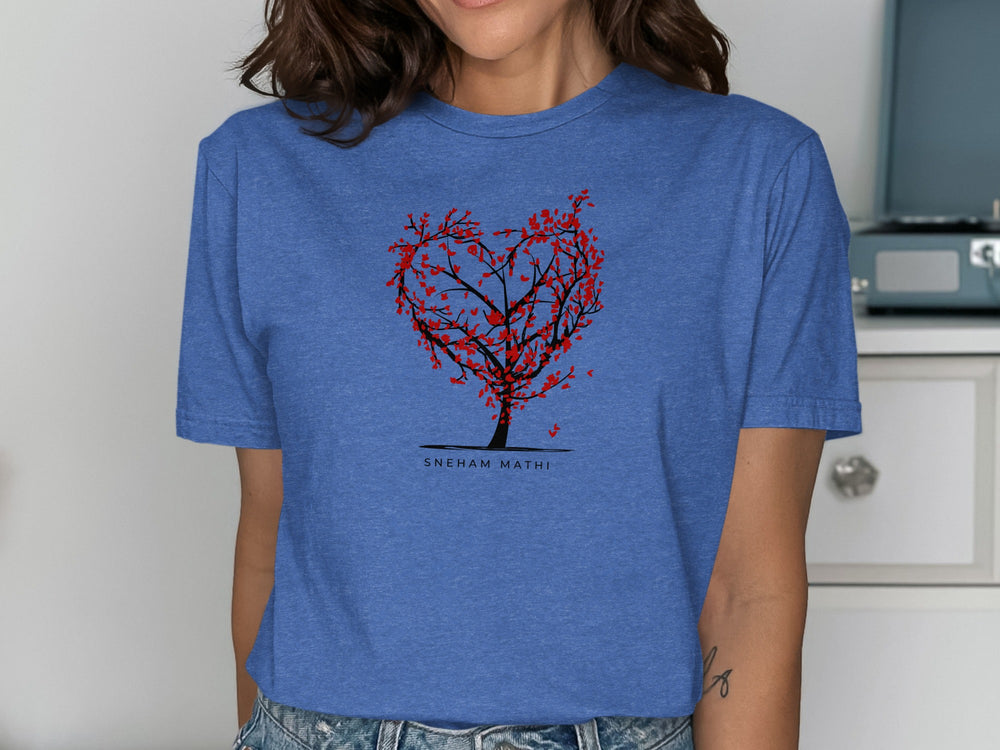 Beautiful Red Heart Tree Design on Blue Shirt