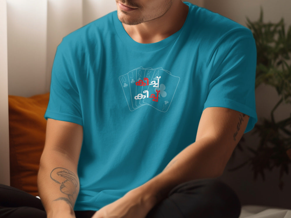 Stylish Graphic Teal Shirt Featuring Fun Playing Cards