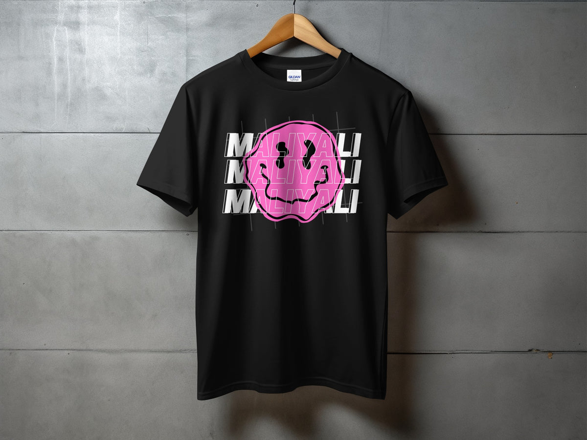 Malayali Graphic Tee with Pink Design on Black Shirt