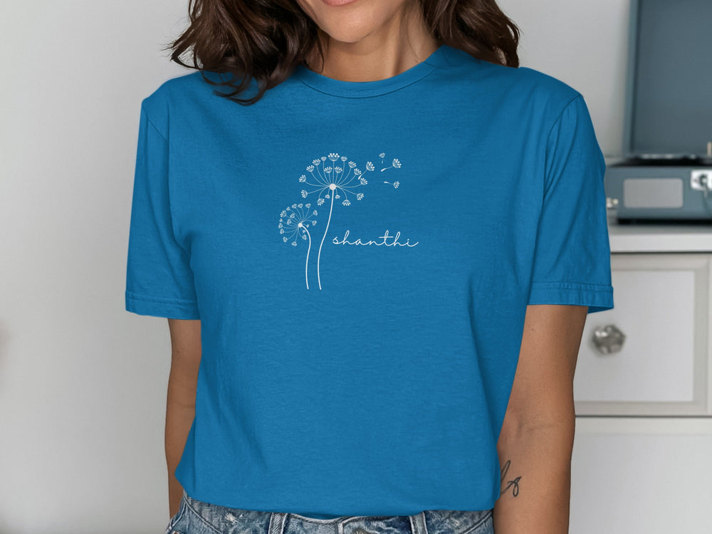 Blue T-shirt with Dandelion and Shanti Design