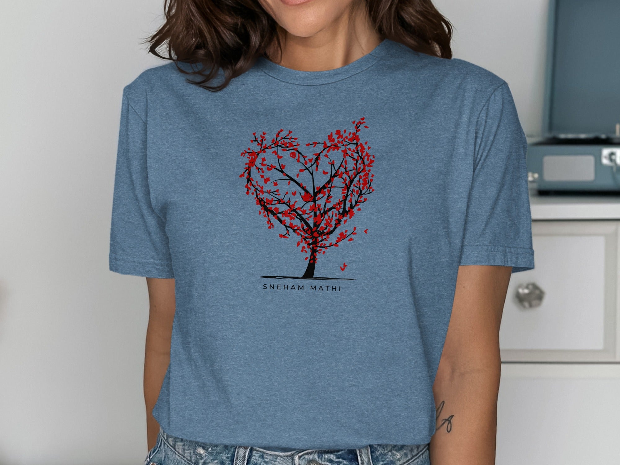 Heart Shaped Tree With Bird Design on Blue Shirt