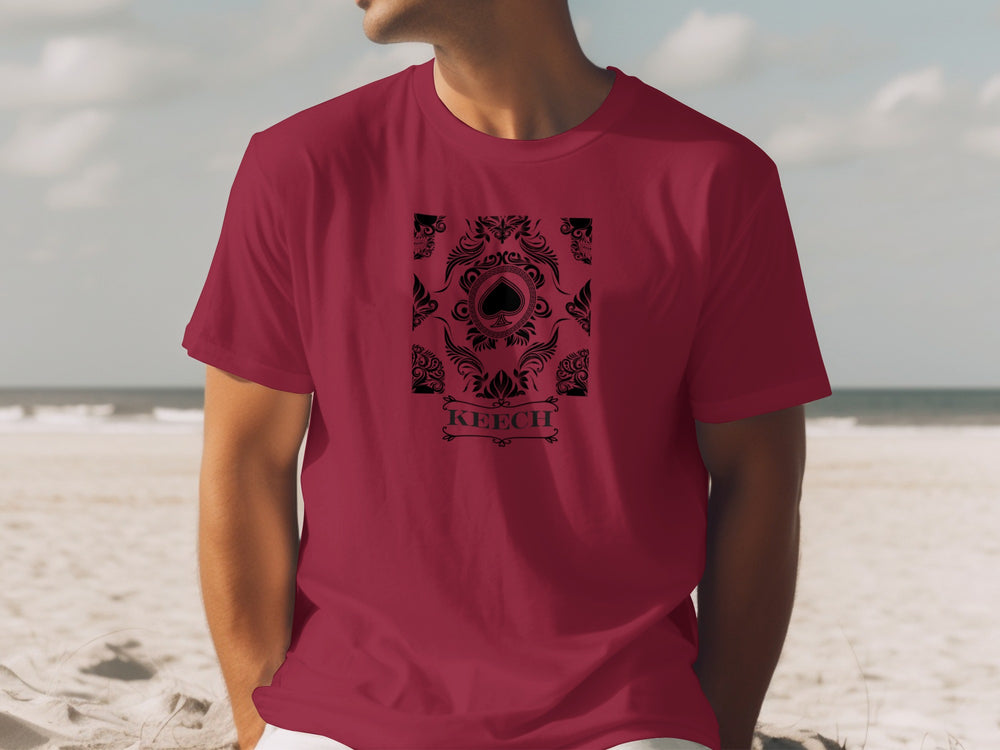 Red Beach T-shirt with Artistic Spade Design