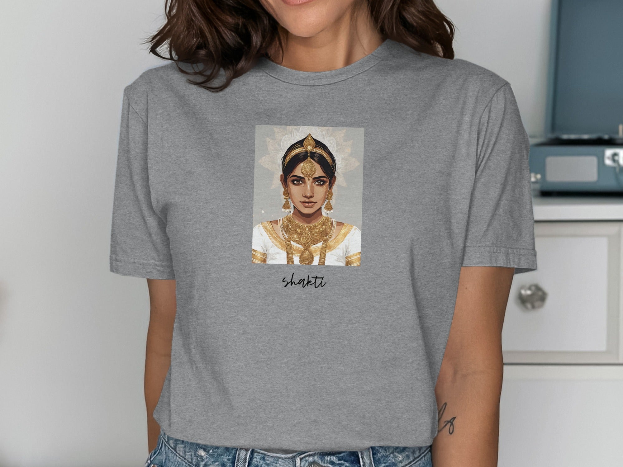 Empowering Shakti Design Grey Short Sleeve Shirt