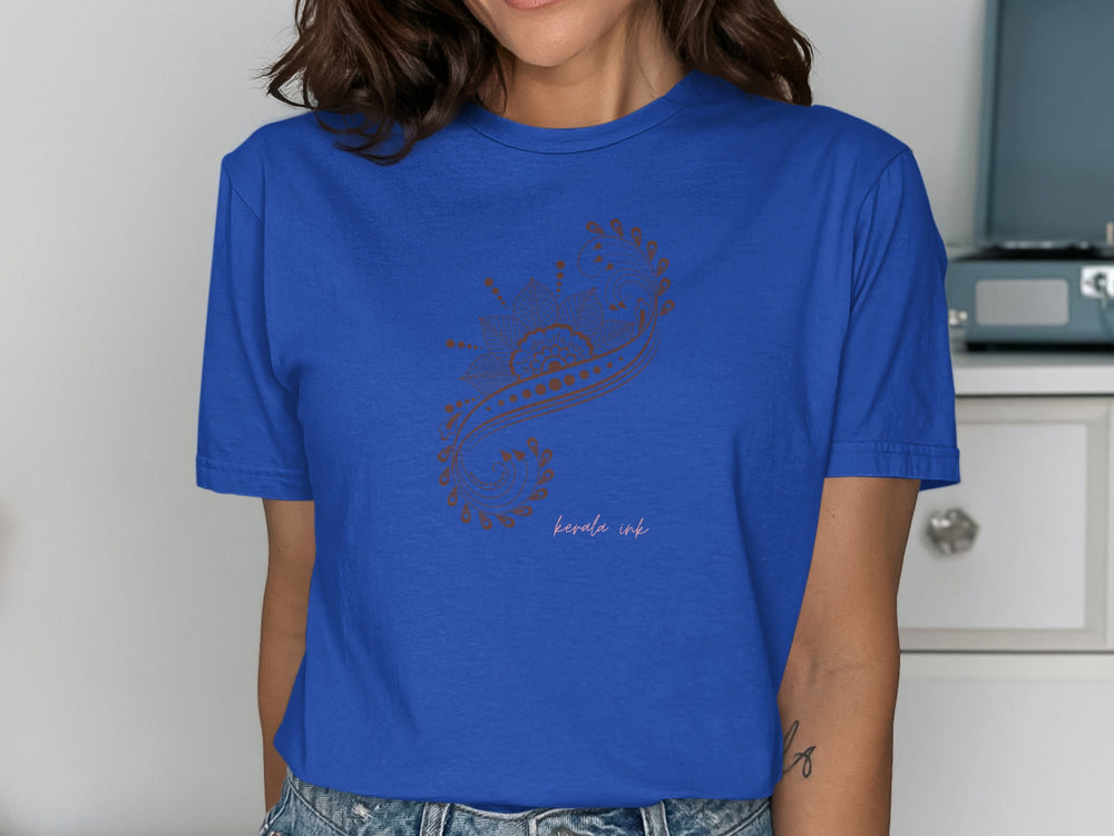 Unique Blue Graphic T-Shirt with Intricate Red Design