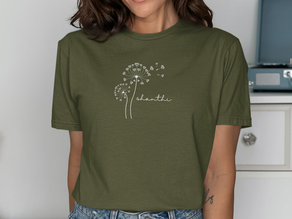 Feminine Olive Green Dandelion Design T-Shirt