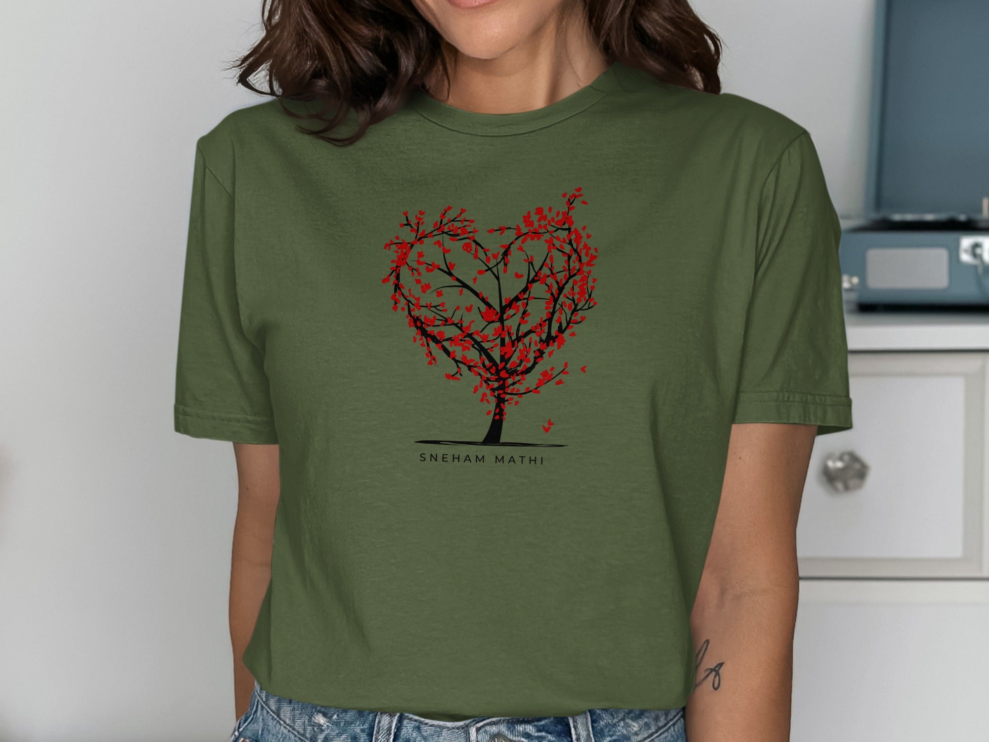 Heart Tree Design Green Short Sleeve Shirt