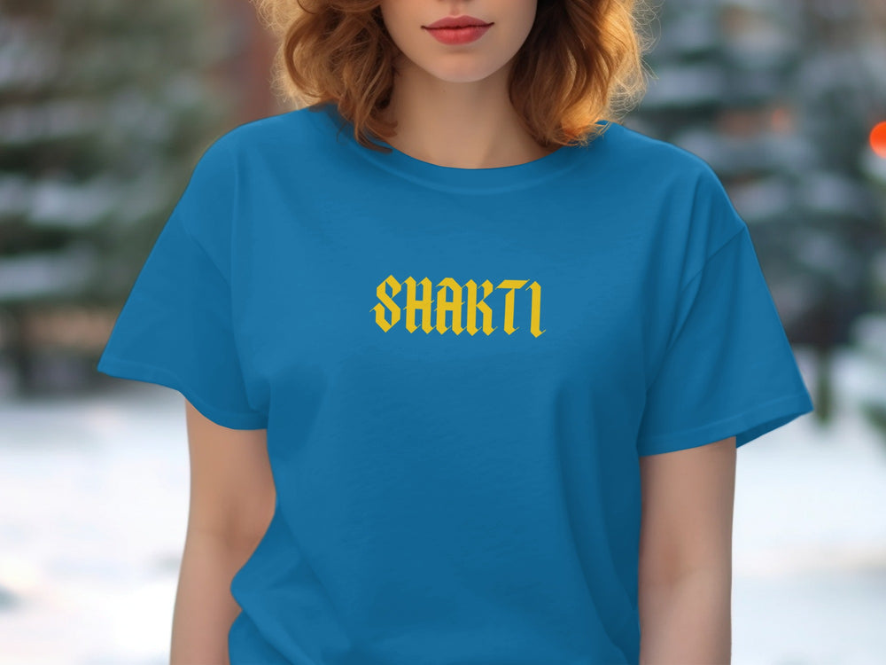 Blue T-Shirt with Shakti Bold Yellow Text Design Product