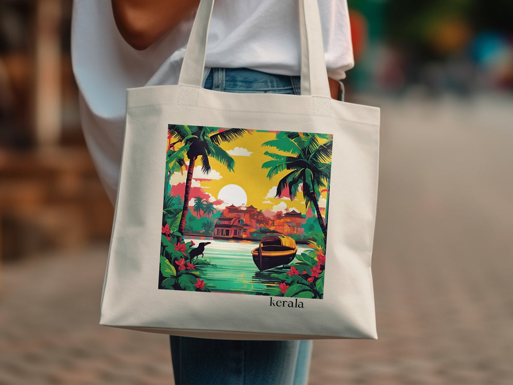 Sunset Boat Design Tote Bag with Kerala Print