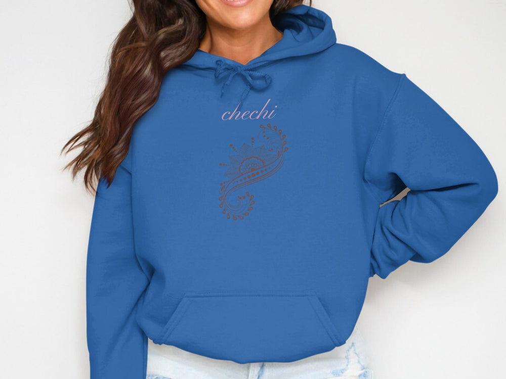 Stylish Blue Hoodie with Chechi and Paisley Design
