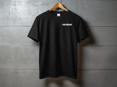Stylish Black T-Shirt with Logo on Wooden Hanger