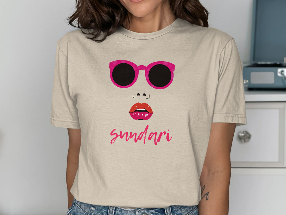Sundari Graphic Tee with Pink Sunglasses Design