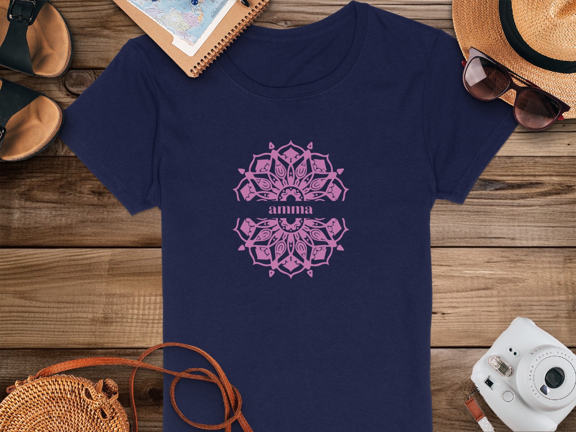 Mandala Pattern on Navy Blue Backdrop T-shirt Product