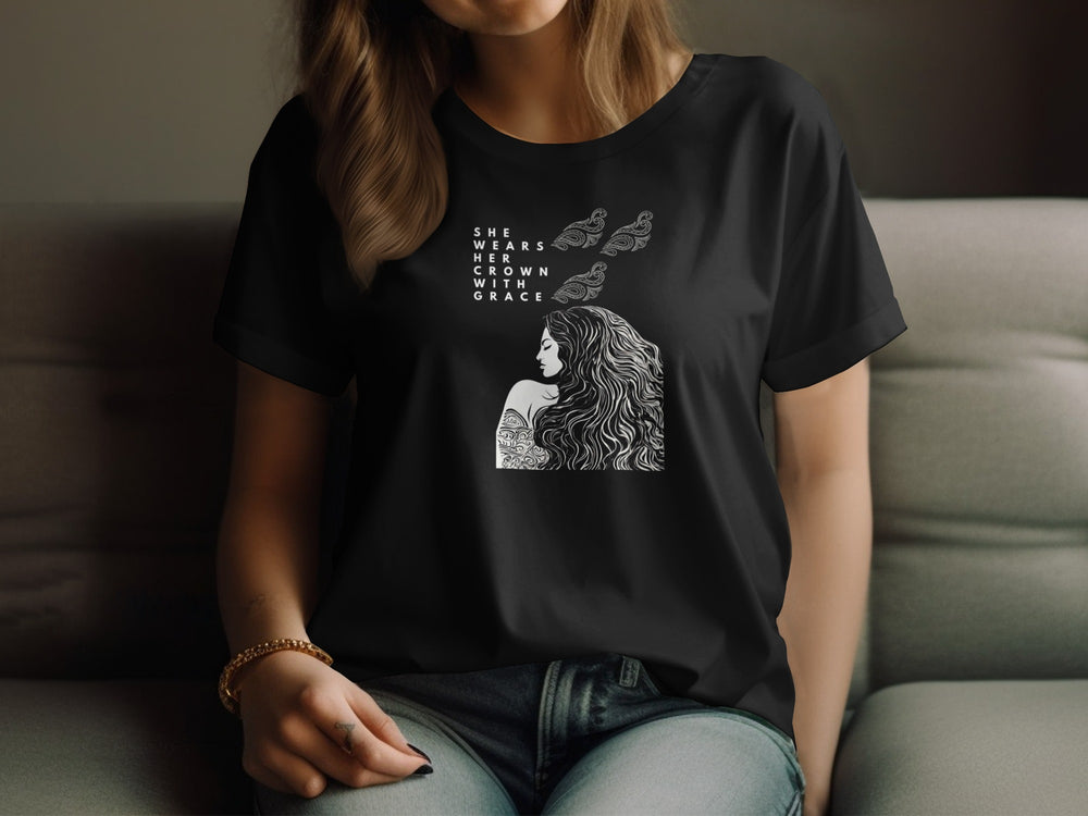 Black T-shirt with She Wears Her Own Crown with Grace