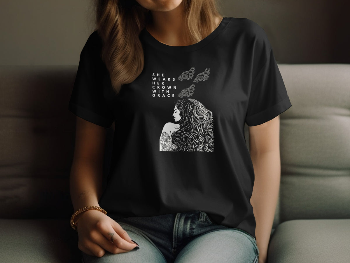 Black T-shirt with She Wears Her Own Crown with Grace