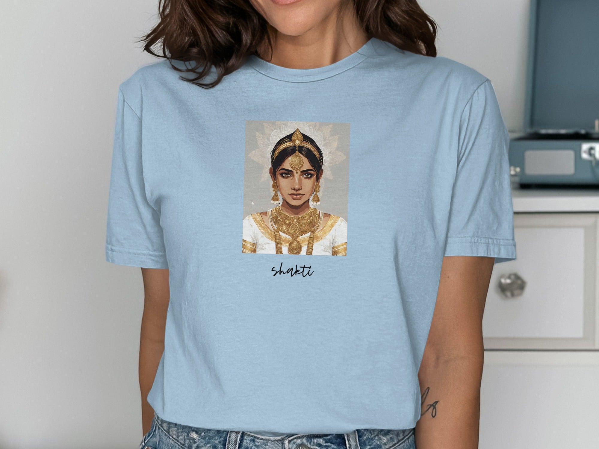 Shakti Goddess Artwork Image on Blue T-shirt