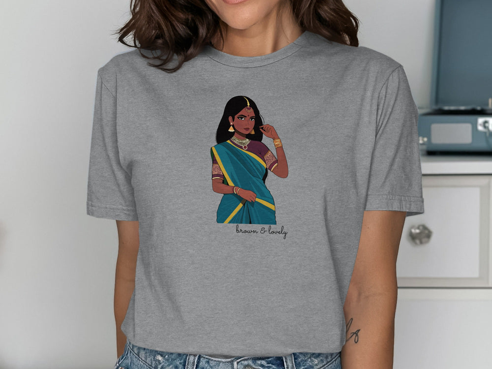 Beautiful Sari Illustration on Gray Short Sleeve Shirt
