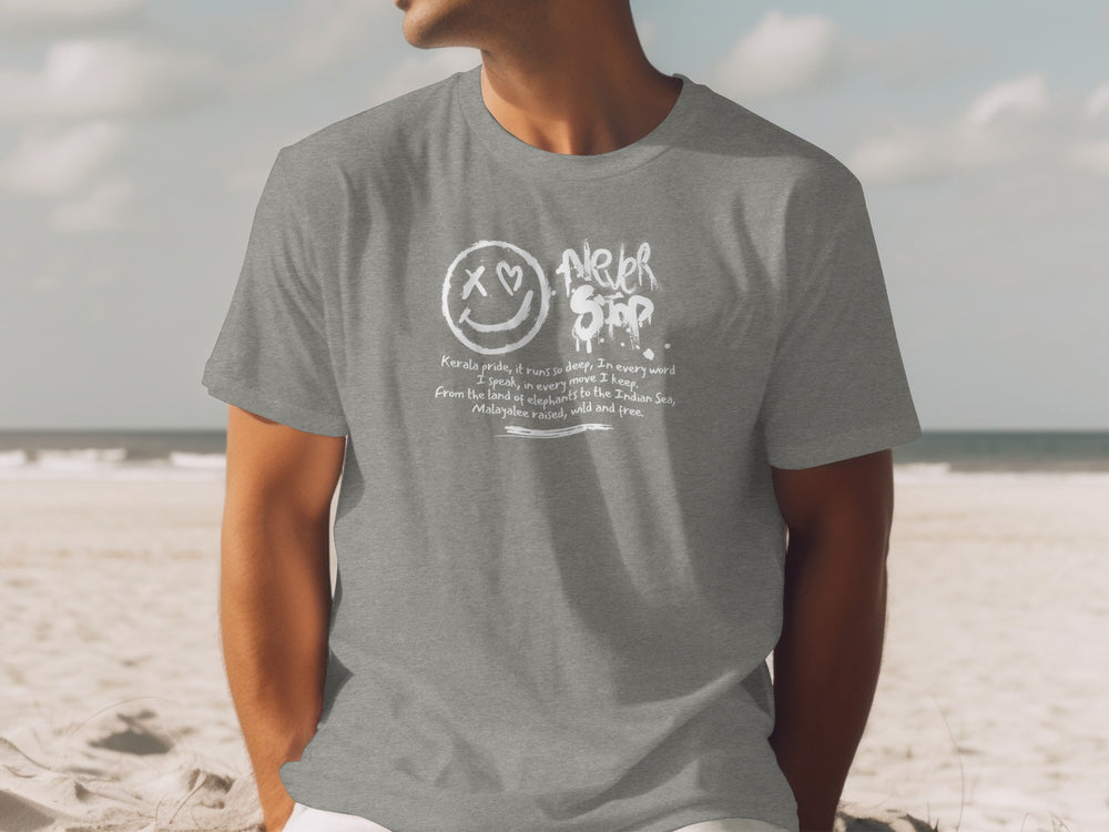 Grey Graphic Tee with Unique Beach Design
