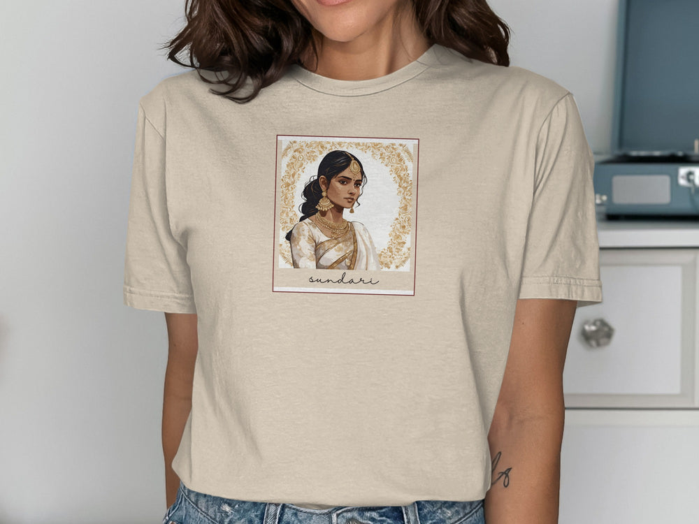 Elegant Traditional Woman Portrait Beige T-shirt