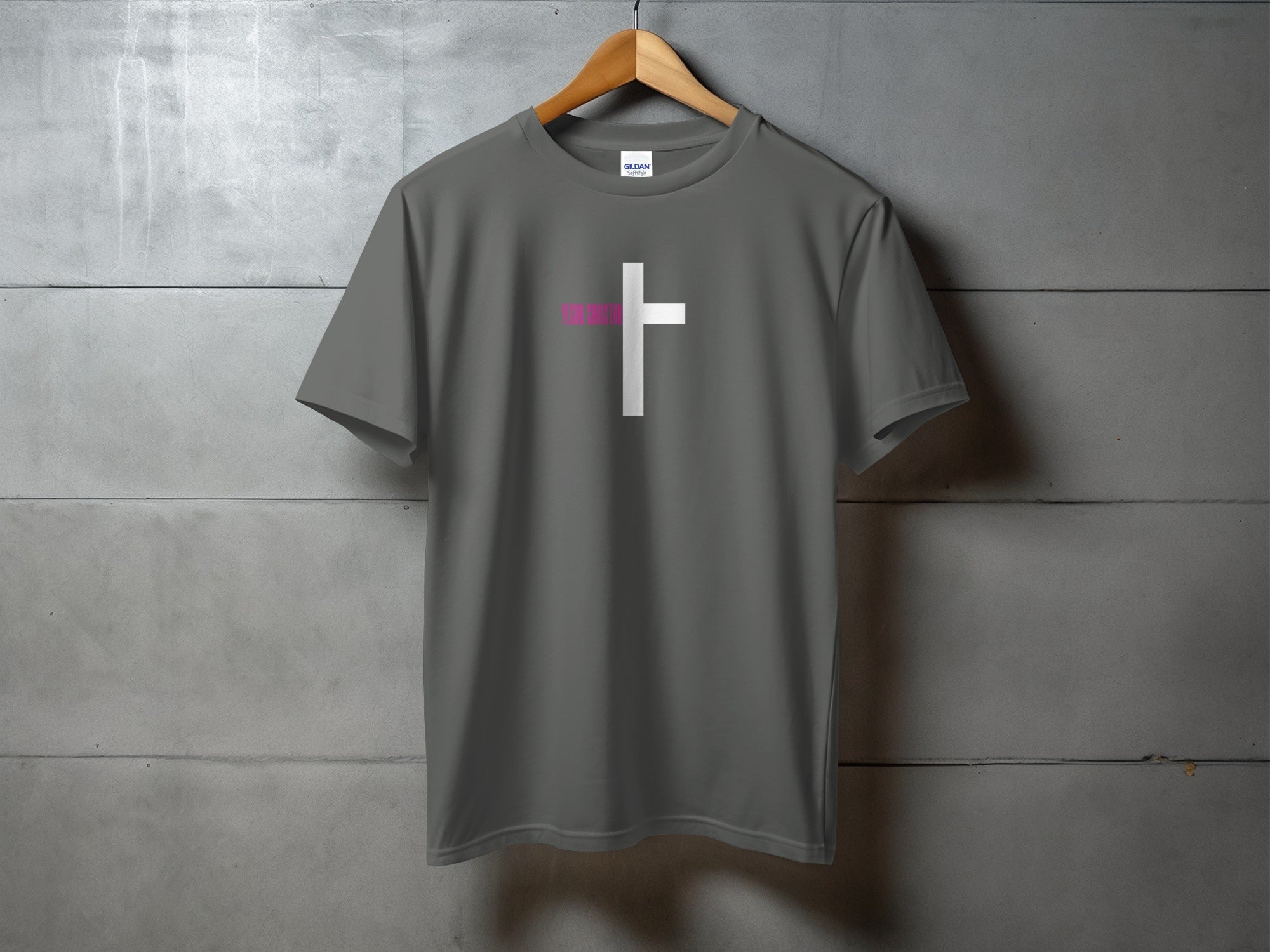 Grey T-Shirt with White Cross and Pink Text Plain Design