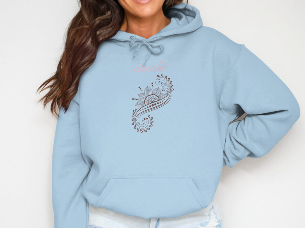 Comfortable Blue Hoodie with Elegant Paisley Design