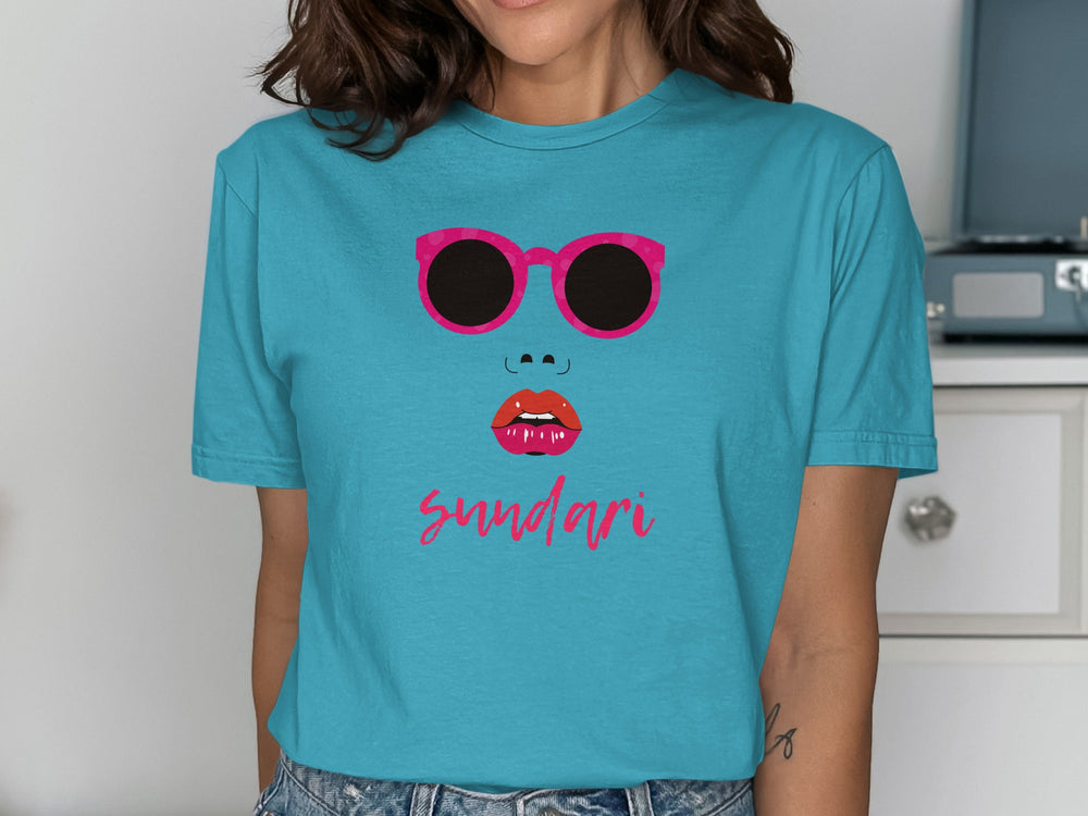 Blue Graphic Tee with Sunglasses and Sundari Print