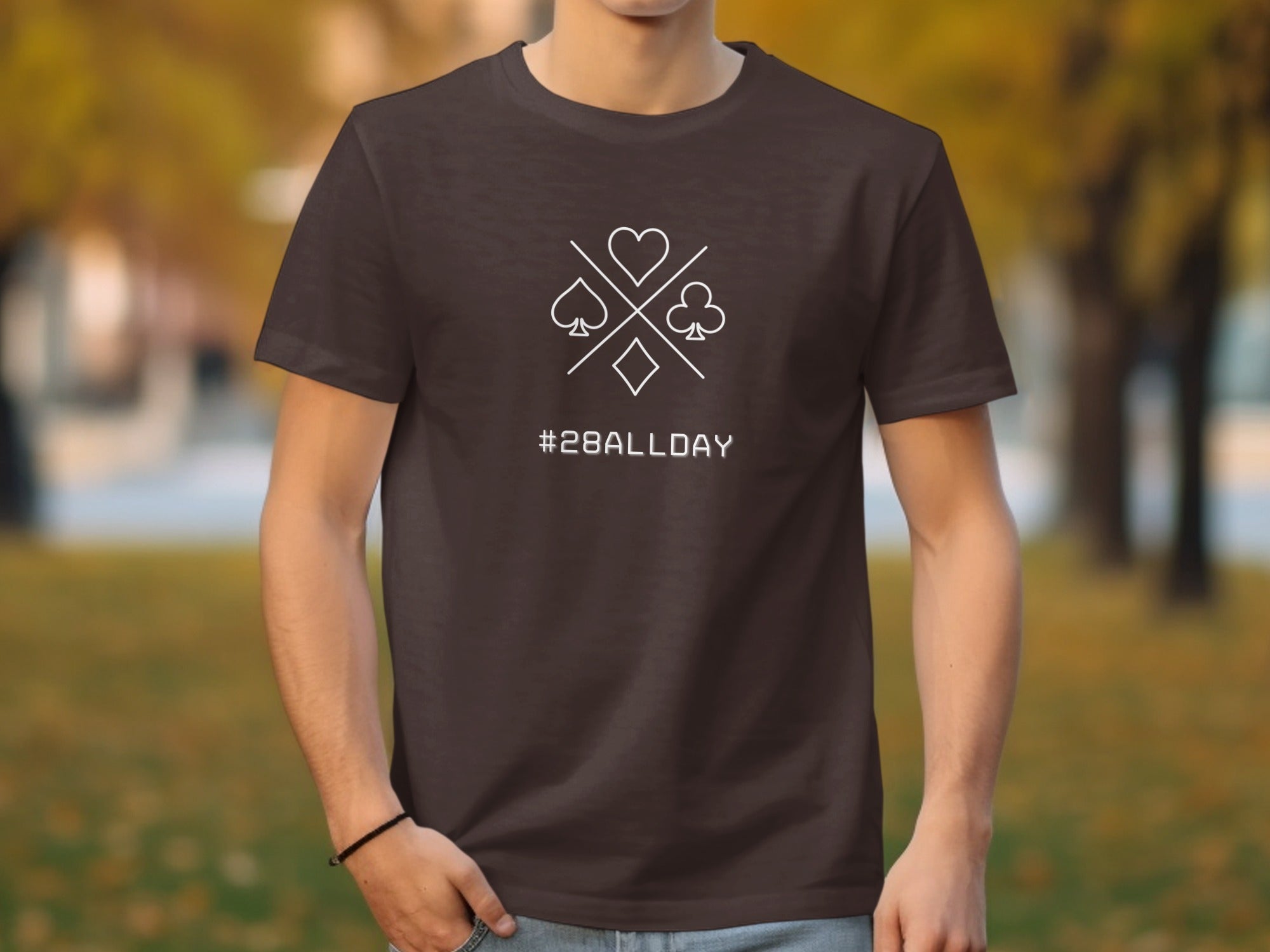 Casual Tee with Card Suits and Hashtag 28AllDay Design
