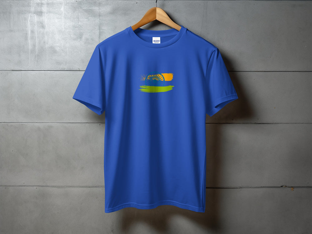 Blue T-shirt with Colorful Brushstroke Design Article