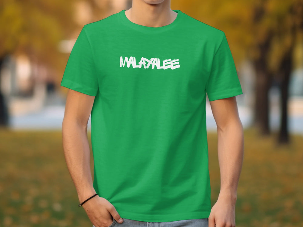 Green T-shirt with Bold White Malayalee Text Design