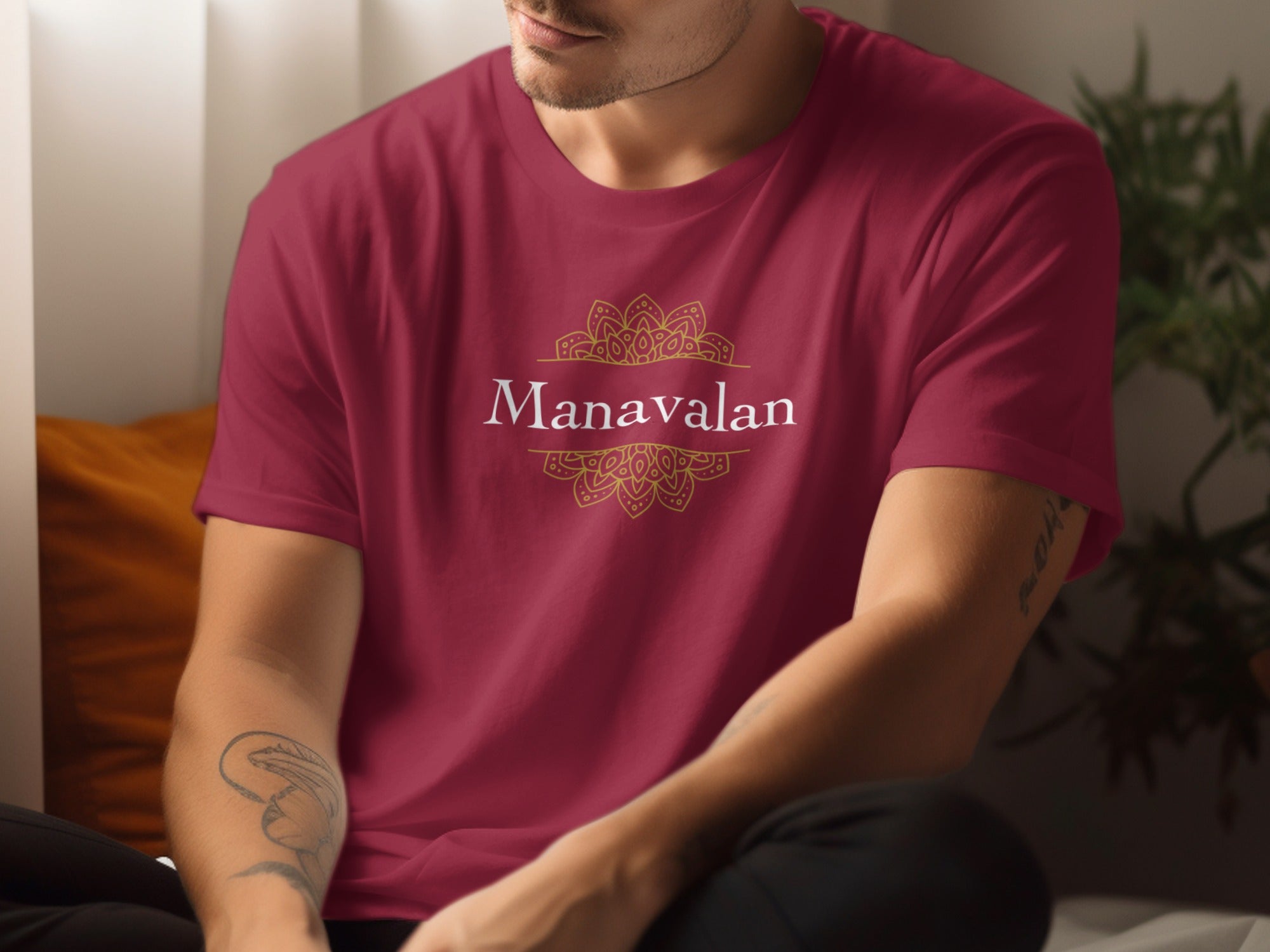 Manavalan Maroon Red T-Shirt with Intricate Design