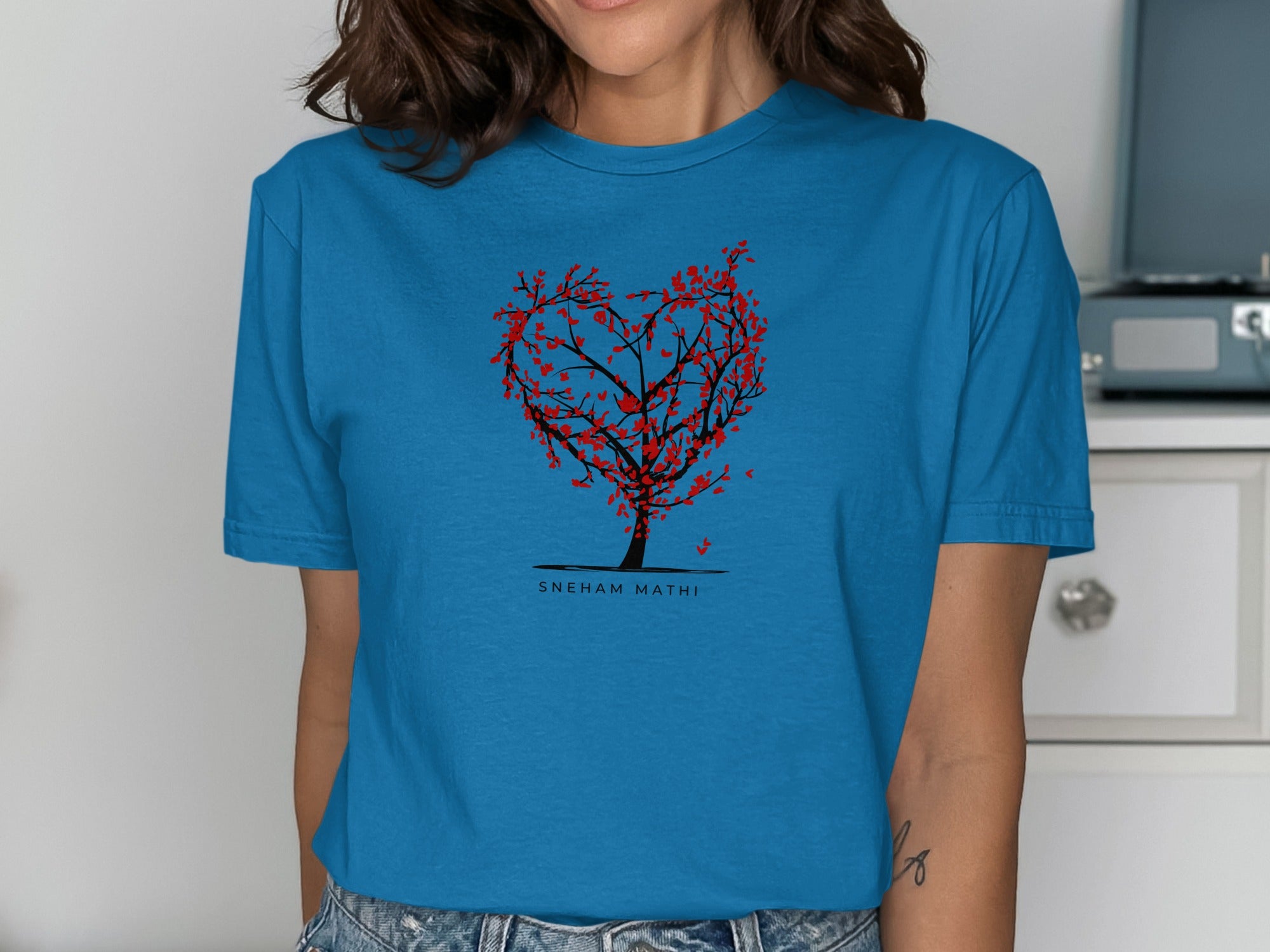 Unique Heart Tree Design Blue Graphic Tee