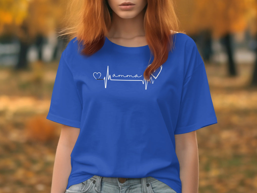 Mamma Heartbeat Design Blue T-shirt for Women