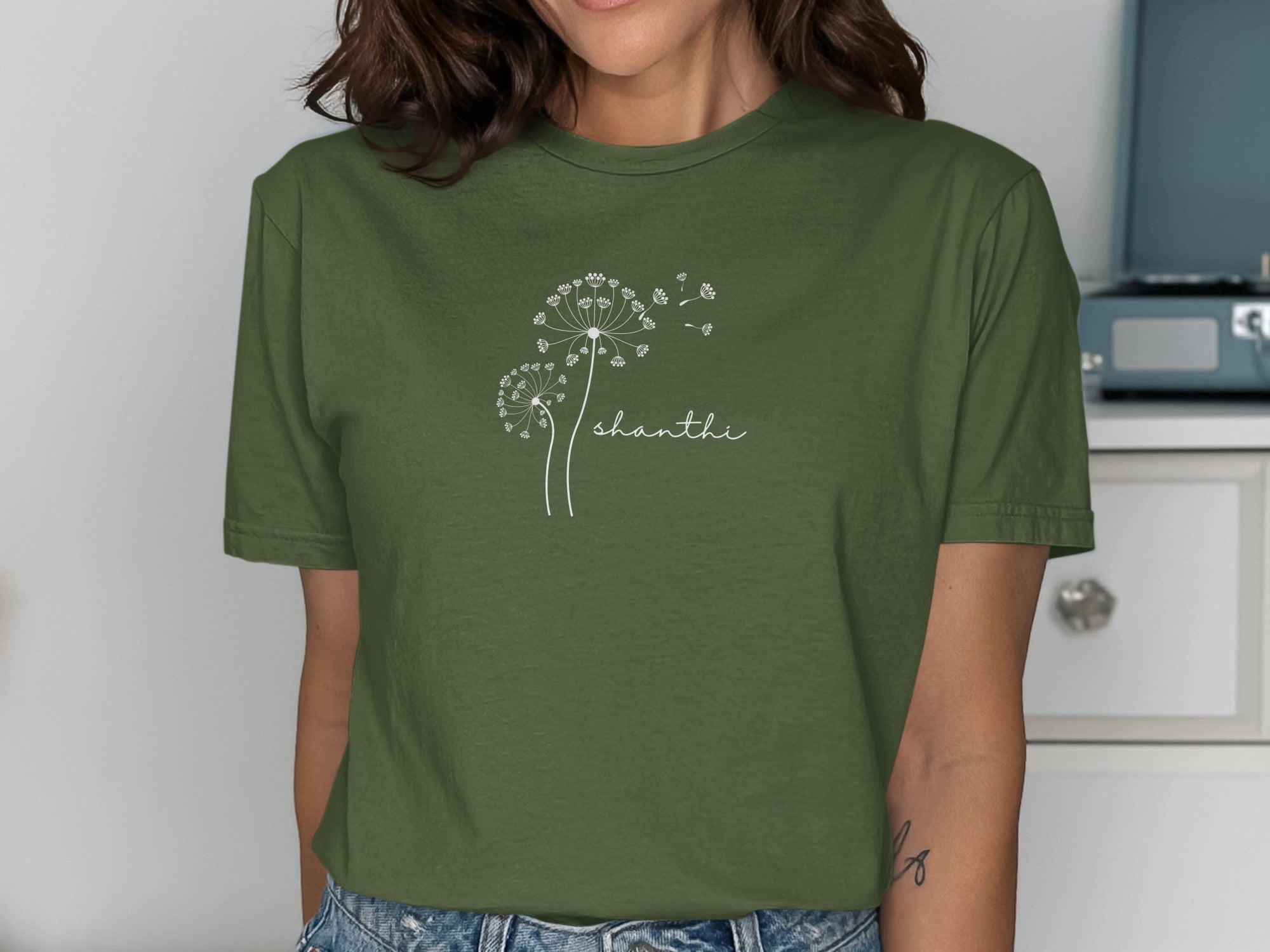 Relaxed Fit Green Top with Dandelion and Shaanthi Design