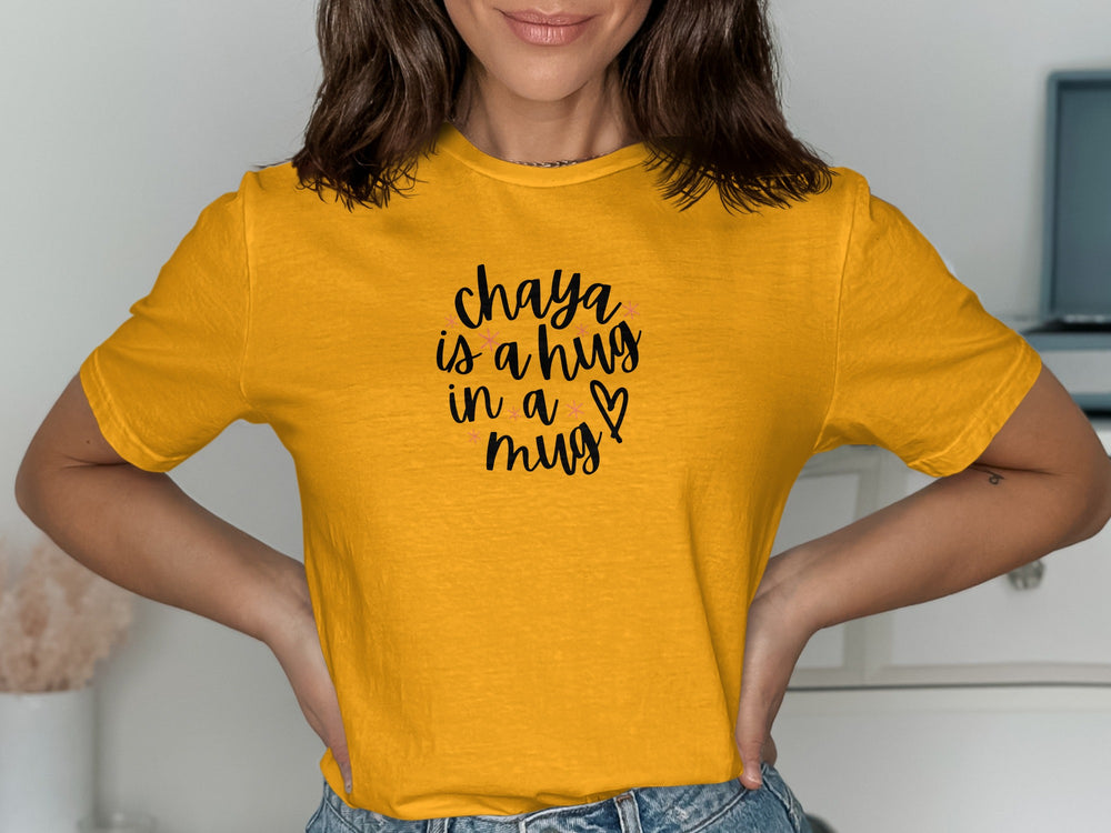 Chaya Is A Hug In A Mug Text on Yellow Shirt Product