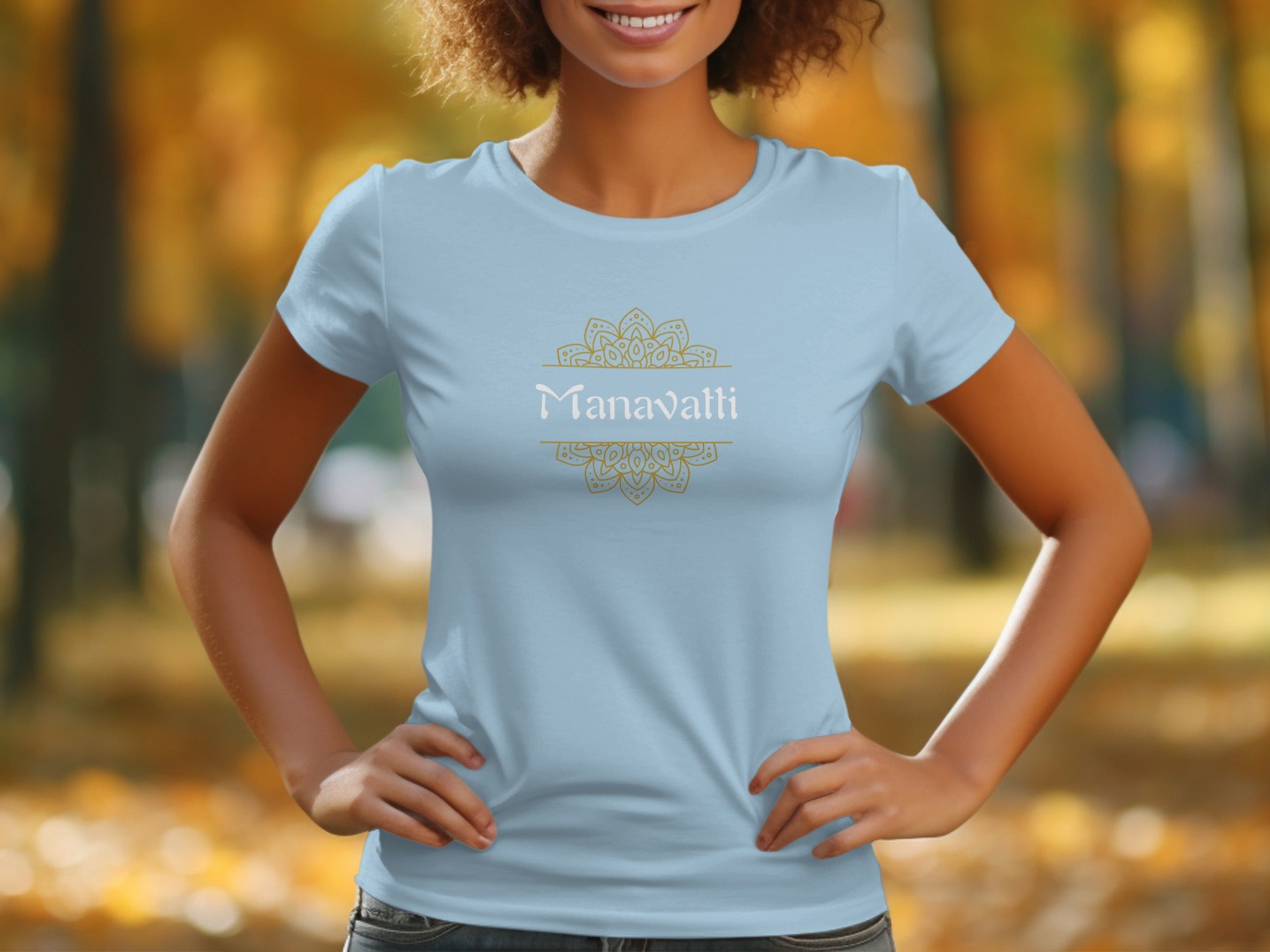 Beautiful Light Blue Manavatti Themed Graphic Shirt