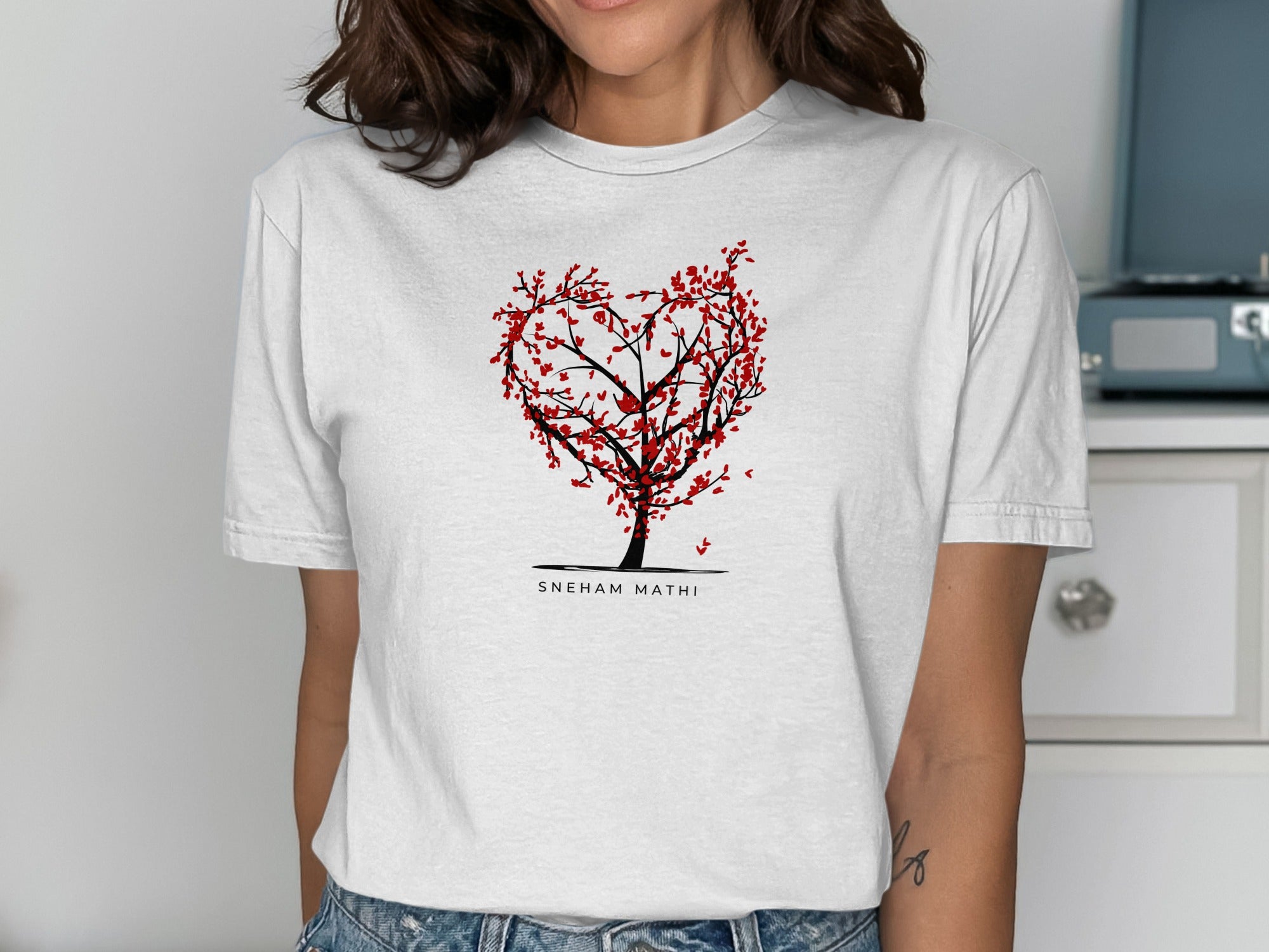 Heart Tree with Bird Design Graphic T-Shirt